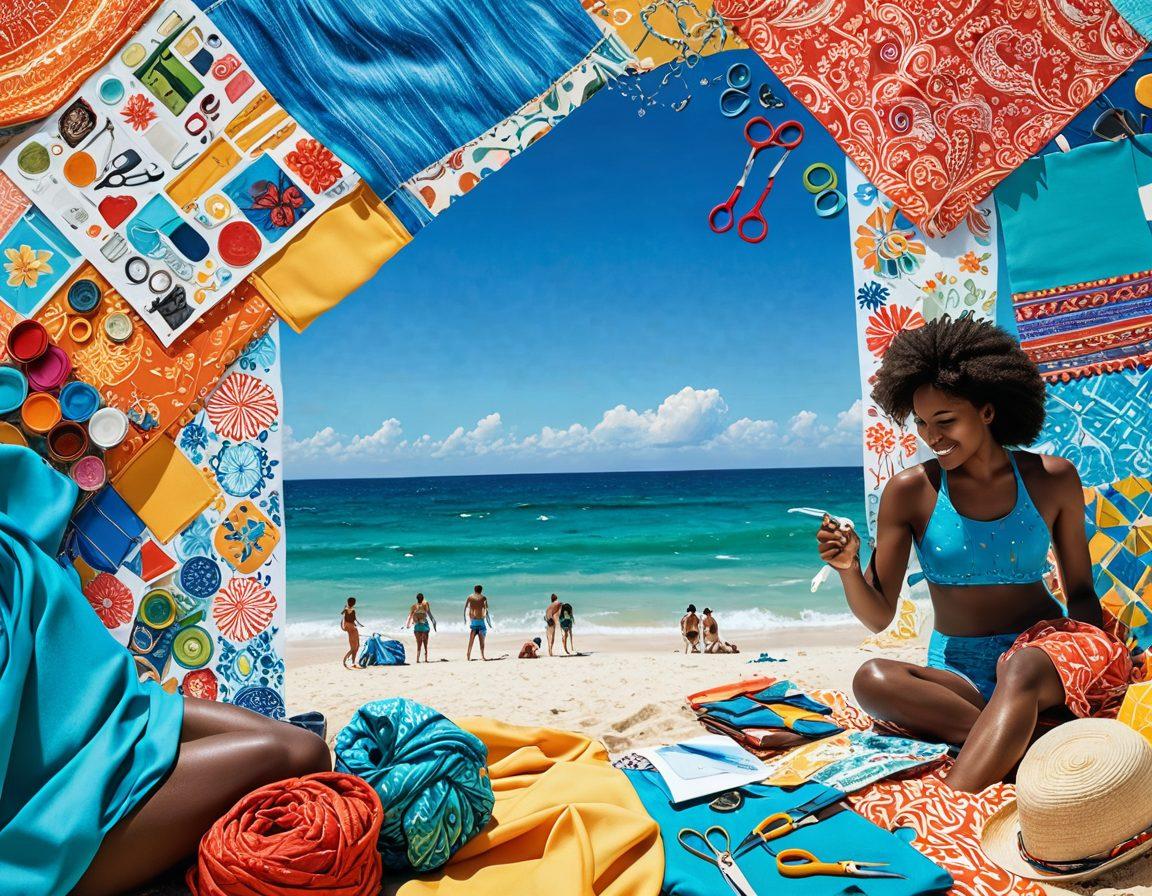 A vibrant beach scene showcasing a diverse group of individuals customizing their swimwear with various patterns and colors. Include sewing tools, bright fabrics, and inspiration boards in the foreground, with a sparkling ocean and sunny sky in the background. Emphasize a sense of community and creativity. super-realistic. vibrant colors. bright and cheerful atmosphere.