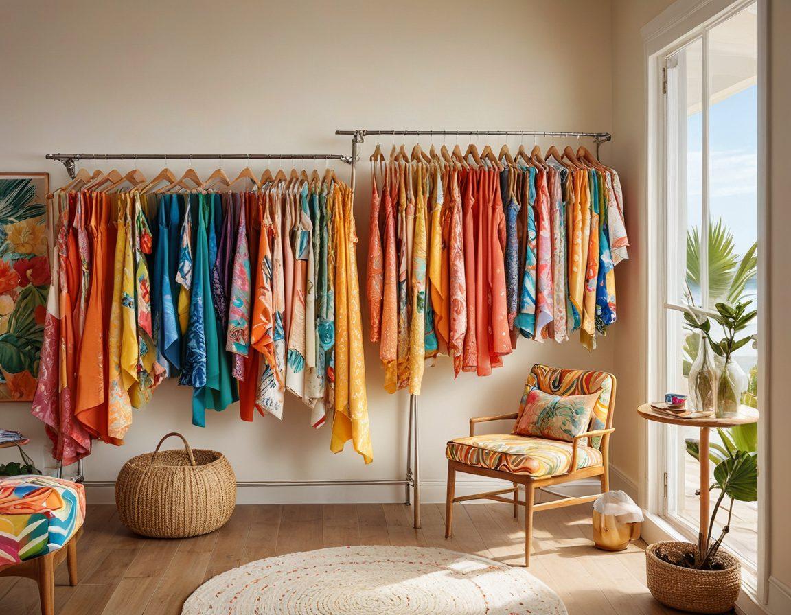 A colorful array of swimwear displayed on a rack, featuring unique custom modifications like personalized patterns, embellishments, and accessories. In the background, a sunlit beach scene creates an inviting atmosphere, while the foreground showcases a fashionable model trying on a modified swimsuit with vibrant prints. Include a creative workspace with sewing tools and fabrics to depict the customization process. bright colors. summer vibe. super-realistic.